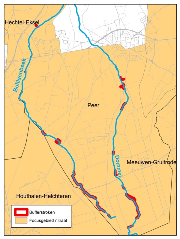 Overzichtskaartje beheerovereenkomst perceelsranden langs de Dommel en Bollisenbeek
